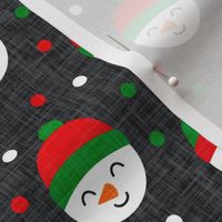 Happy Snowman - green and red polka dots - cute snowman faces on dark grey - LAD19