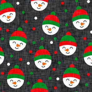 Happy Snowman - green and red polka dots - cute snowman faces on dark grey - LAD19
