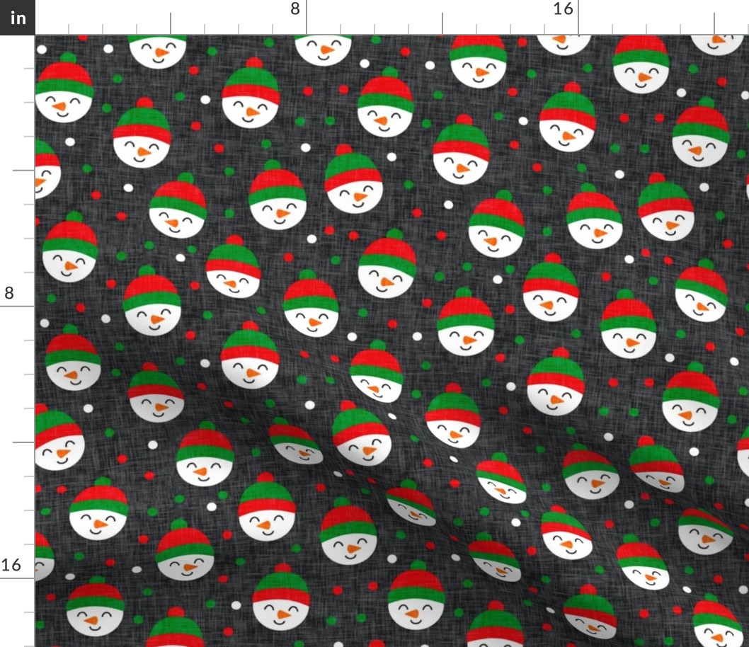 Happy Snowman - green and red polka dots - cute snowman faces on dark grey - LAD19