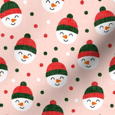 Happy Snowman - dark green and red polka dots - cute snowman faces on pink - LAD19