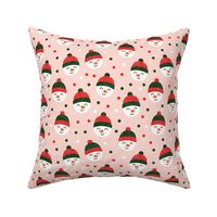 Happy Snowman - dark green and red polka dots - cute snowman faces on pink - LAD19