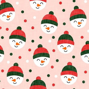 Happy Snowman - dark green and red polka dots - cute snowman faces on pink - LAD19