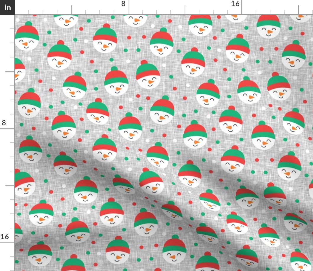 Happy Snowman - green and red polka dots - cute snowman faces on grey - LAD19