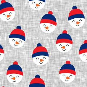 Happy Snowman - red and blue - cute snowman faces on grey - LAD19
