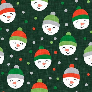 Happy Snowman - green and red polka dots - cute snowman faces on dark green - LAD19