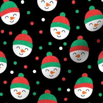 Happy Snowman - green and red polka dots - cute snowman faces on black - LAD19