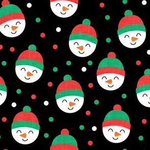 Happy Snowman - green and red polka dots - cute snowman faces on black - LAD19