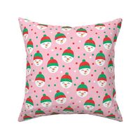 Happy Snowman - green and red polka dots - cute snowman faces on pink - LAD19