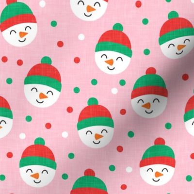 Happy Snowman - green and red polka dots - cute snowman faces on pink - LAD19