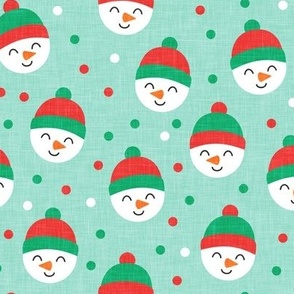 Happy Snowman - green and red polka dots - cute snowman faces on mint - LAD19