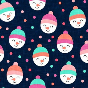 Happy Snowman - multi pink with polka dots - cute snowman faces on navy  - LAD19