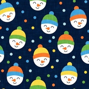 Happy Snowman - multi polka dots - cute snowman faces on navy  - LAD19