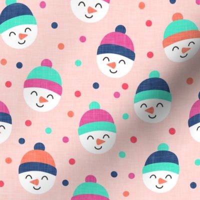 Happy Snowman - multi polka dots - cute snowman faces on pink - LAD19