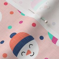 Happy Snowman - multi polka dots - cute snowman faces on pink - LAD19