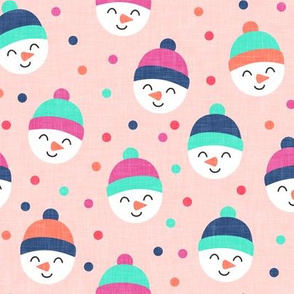 Happy Snowman - multi polka dots - cute snowman faces on pink - LAD19