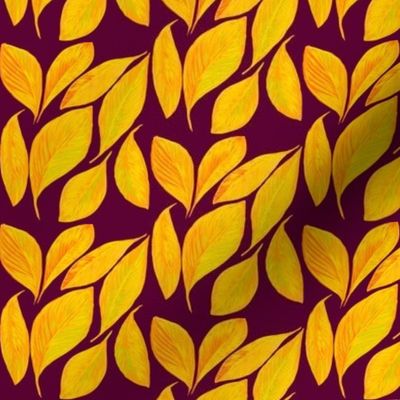 Golden Autumn Leaves on Dark Plum - Small Scale