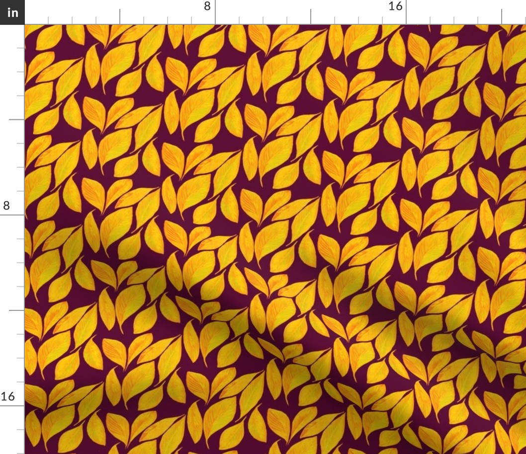 Golden Autumn Leaves on Dark Plum - Small Scale