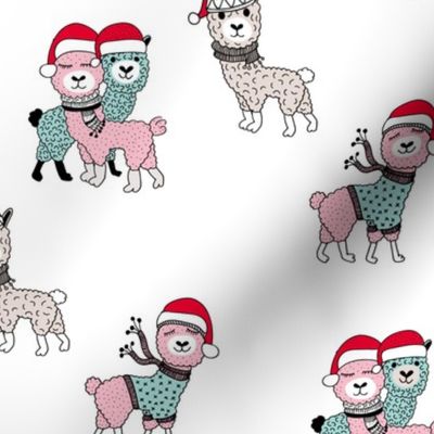 Winter wonderland llama friends in sweaters and santa hats alpaca snow Christmas winter pink mint