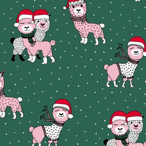 Winter wonderland llama friends in sweaters and santa hats alpaca snow Christmas winter forest green pink