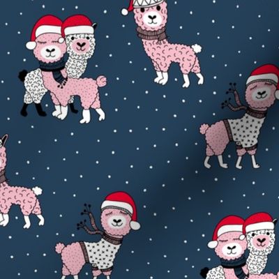 Winter wonderland llama friends in sweaters and santa hats alpaca snow Christmas winter navy blue night pink