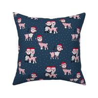 Winter wonderland llama friends in sweaters and santa hats alpaca snow Christmas winter navy blue night pink