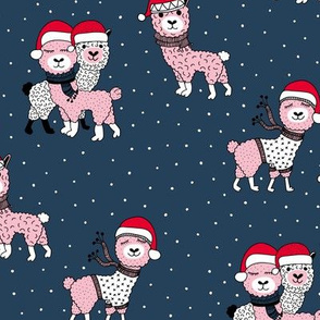 Winter wonderland llama friends in sweaters and santa hats alpaca snow Christmas winter navy blue night pink