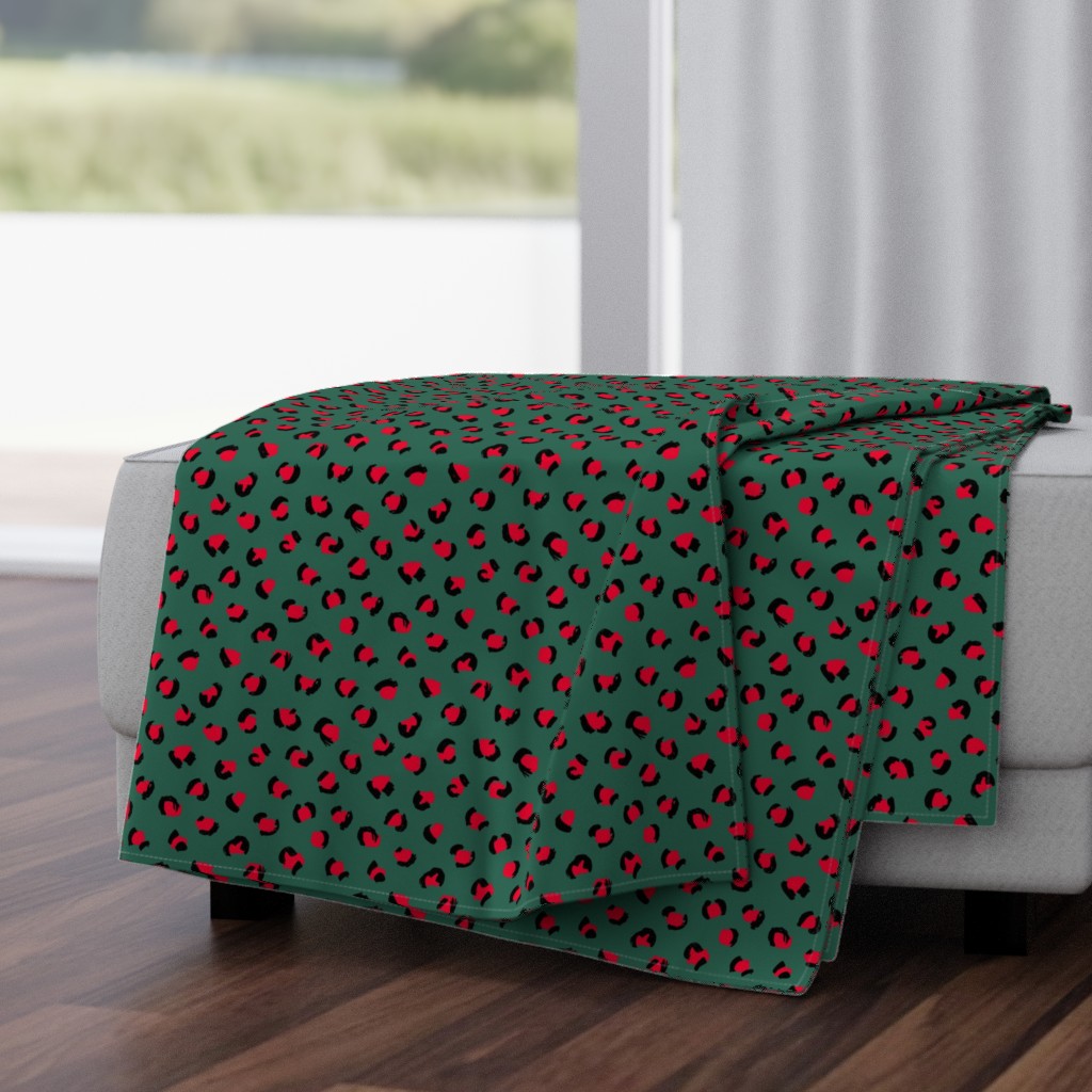 Trendy leopard print animal skin fur modern Scandinavian style raw brush  abstract Christmas forest green red