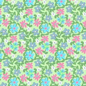 Crazy Daisies Pink and Blue on Mint Green