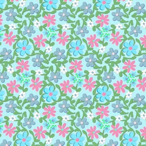 Crazy Daisies Pink and Blue on Blue