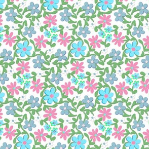 Crazy Daisies Pink and Blue on White