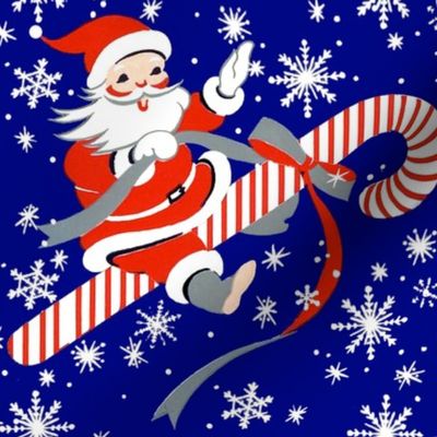 merry Christmas xmas Santa Claus snow snowflakes candy cane peppermint bows flying riding sky night dark blue red white vintage retro kitsch stars