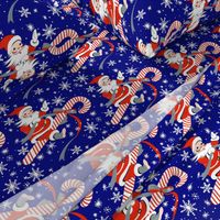 merry Christmas xmas Santa Claus snow snowflakes candy cane peppermint bows flying riding sky night dark blue red white vintage retro kitsch stars