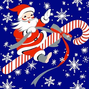 merry Christmas xmas Santa Claus snow snowflakes candy cane peppermint bows flying riding sky night dark blue red white vintage retro kitsch stars