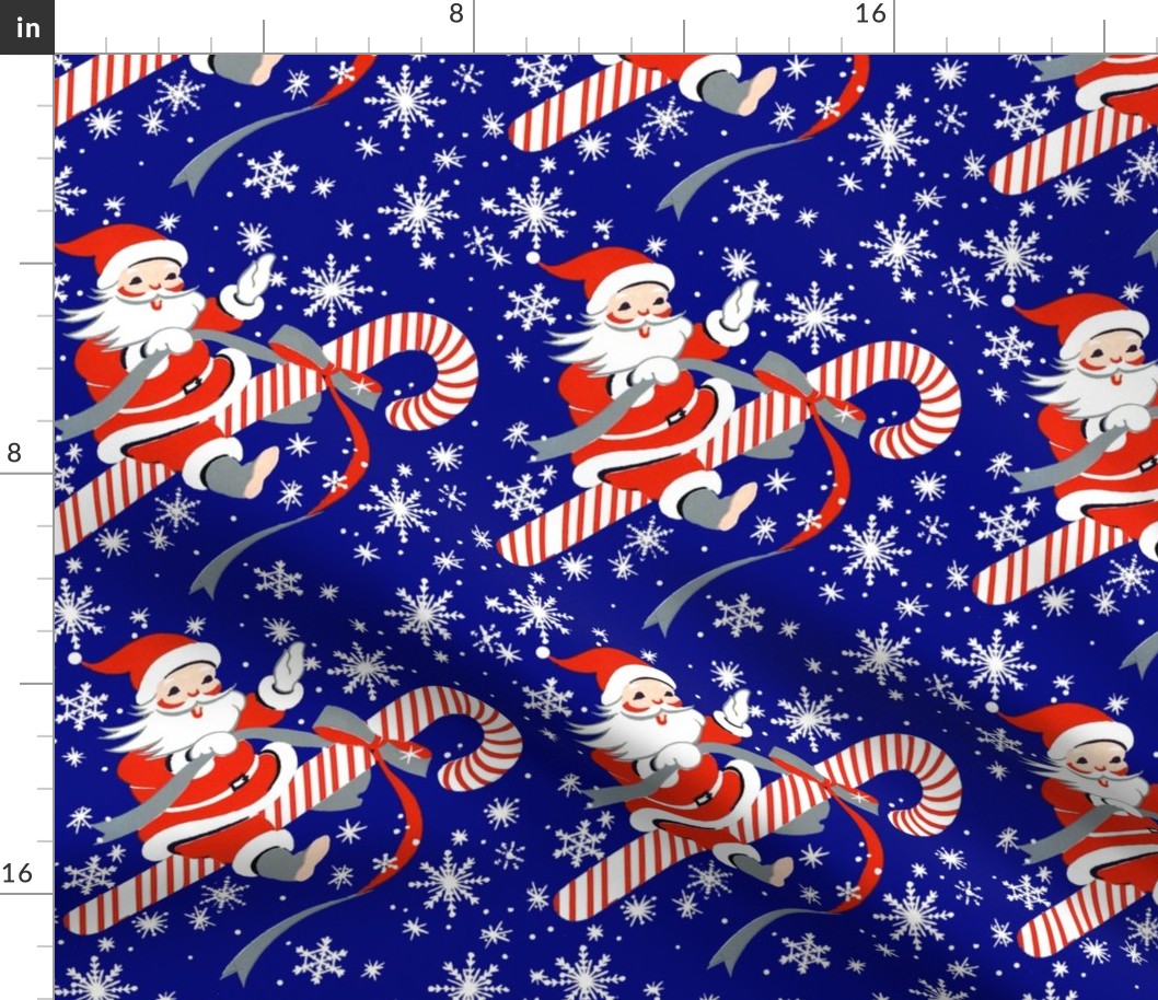 merry Christmas xmas Santa Claus snow snowflakes candy cane peppermint bows flying riding sky night dark blue red white vintage retro kitsch stars