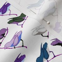 Birds in jewel tones of purple, blue  and green perch on delicate branches