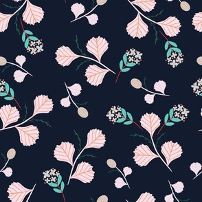 Sweet Strawberry: Pink Leaves and Dainty Flowers with teal leaves on Midnight Black