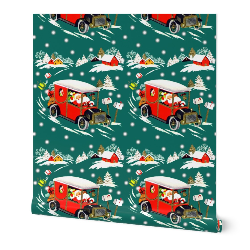merry Christmas xmas snow Santa Claus classic cars vintage cars delivering presents gifts winter towns homes houses trees green retro kitsch driving