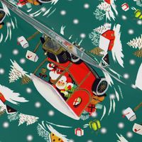 merry Christmas xmas snow Santa Claus classic cars vintage cars delivering presents gifts winter towns homes houses trees green retro kitsch driving