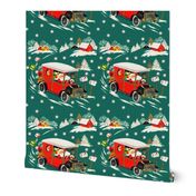 merry Christmas xmas snow Santa Claus classic cars vintage cars delivering presents gifts winter towns homes houses trees green retro kitsch driving