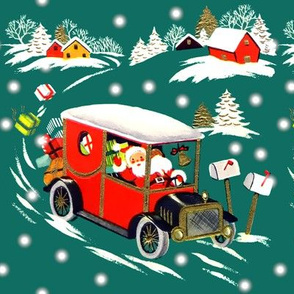 merry Christmas xmas snow Santa Claus classic cars vintage cars delivering presents gifts winter towns homes houses trees green retro kitsch driving