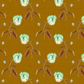 Pansy Green & Bronze on Toffee Linen