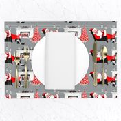 2 merry Christmas xmas Santa Claus trees fireplace mantel sleeping resting napping milk gifts presents white red grey vintage retro kitsch living room
