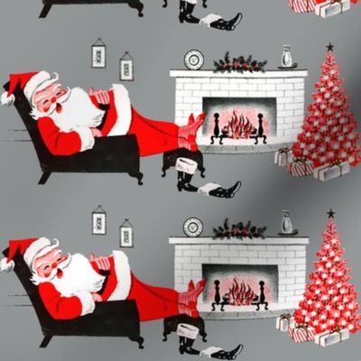 2 merry Christmas xmas Santa Claus trees fireplace mantel sleeping resting napping milk gifts presents white red grey vintage retro kitsch living room