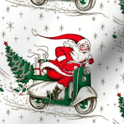 merry Christmas xmas Santa Claus snowflakes silver mistletoe  scooter vespa inspired motorcycles gifts presents trees vintage retro kitsch cute white green 