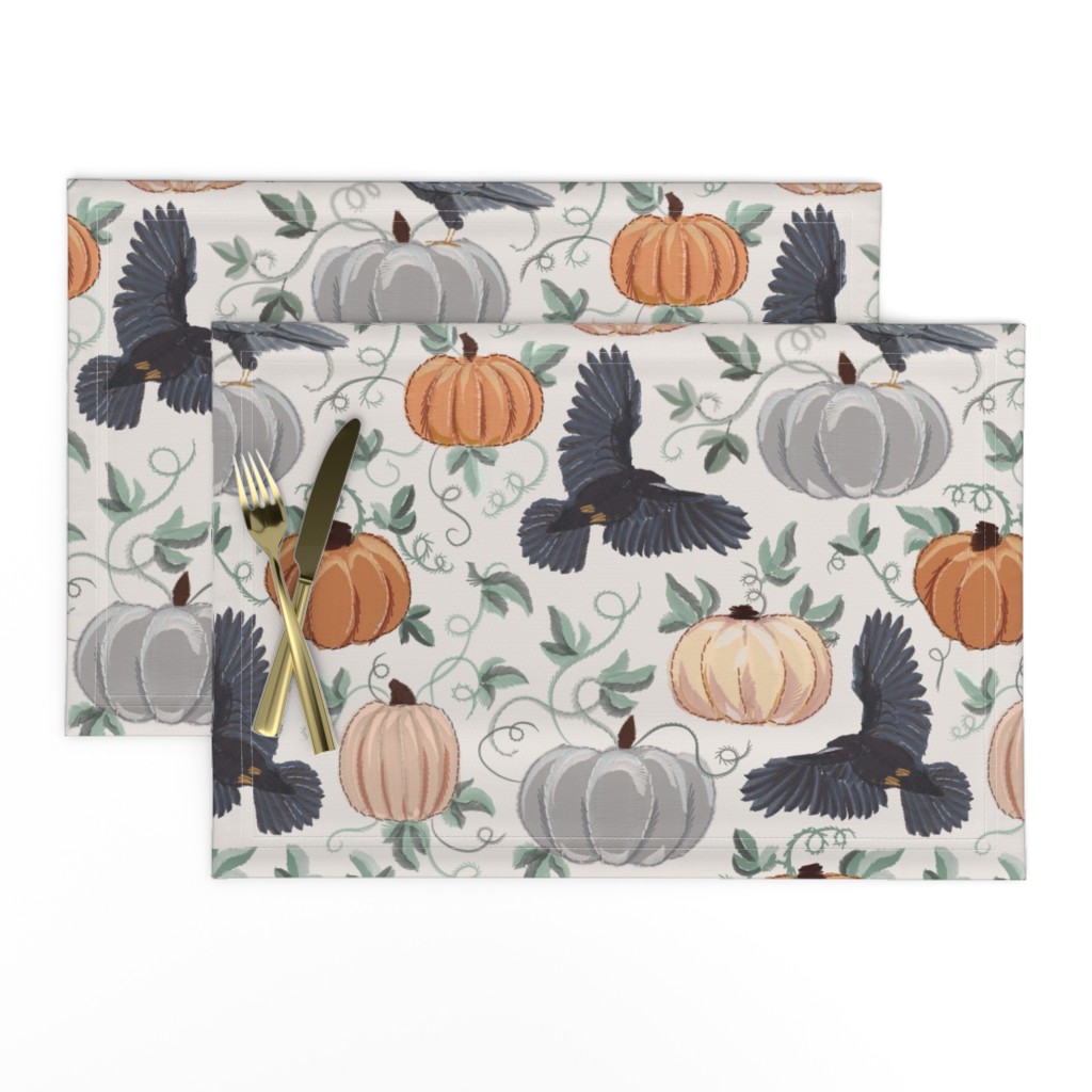 Autumn Ravens and Pumpkin with embroidery effect