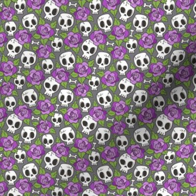 Skulls and Roses Purple on Dark Grey Tiny Small 