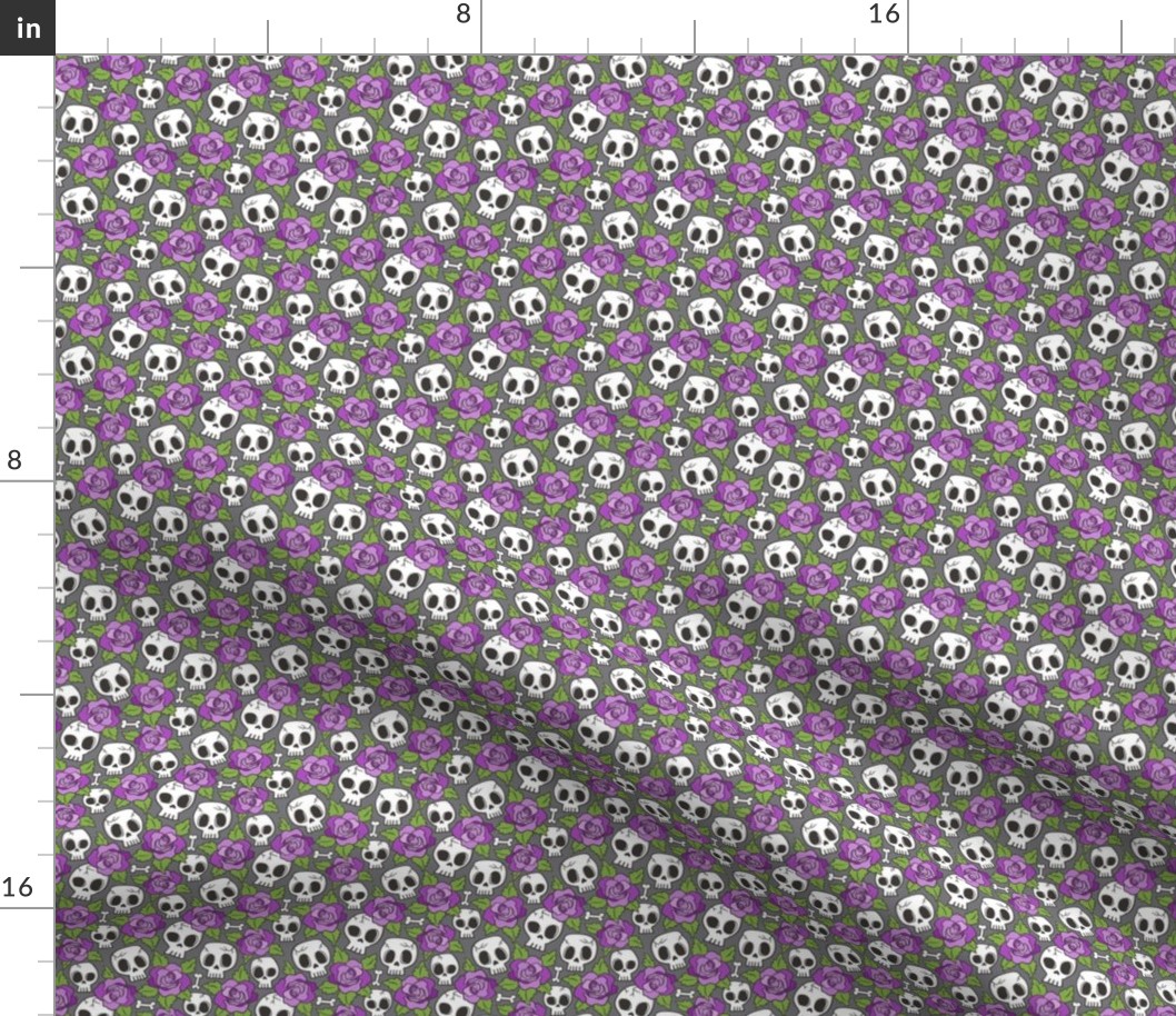 Skulls and Roses Purple on Dark Grey Tiny Small 