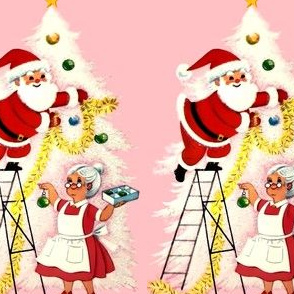 3 merry Christmas xmas Santa Claus mrs wife married couples grandparents tree decoration tinsel streamers baubles garlands pink white red grandmother grandfather vintage retro kitsch helping husband wife family