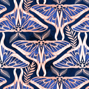 Normal scale // Art Deco luna moths // metal rose texture and royal blue Spanish moon moth insect