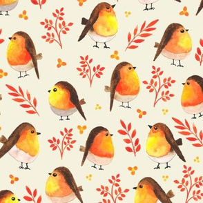 Large Watercolor Cute Orange Birds, Colorful and Happy Autumn Animals, Painting